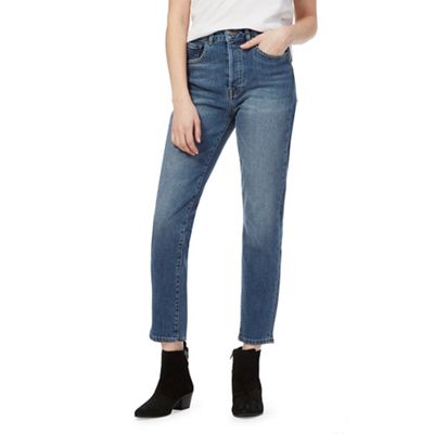 Blue mid-wash high-waisted straight denim jeans